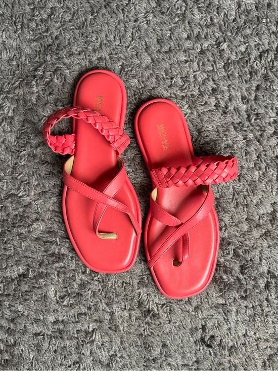 Michael Kors Coral-Red Braided Strap Slide Sandals