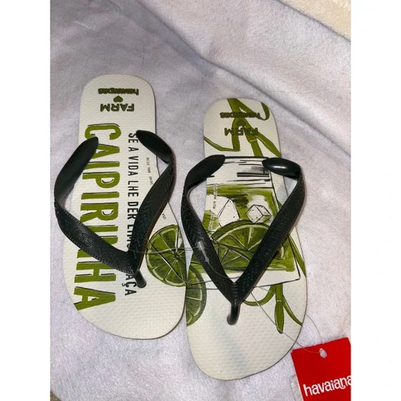 Havaianas x FARM Rio Caipirinha Flip Flops Olive Green White Womens 7/8