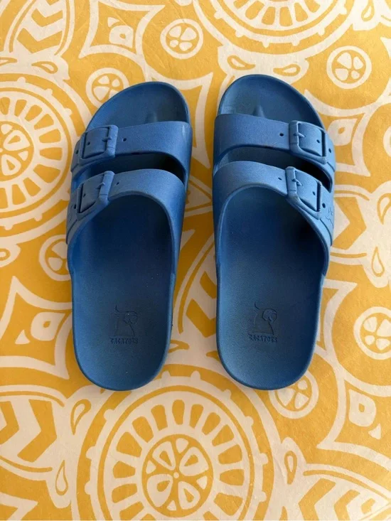 Blue Double-Buckle Slide Sandals