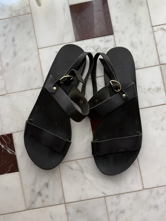 Ancient Greek Black Strappy Leather Sandals, 37