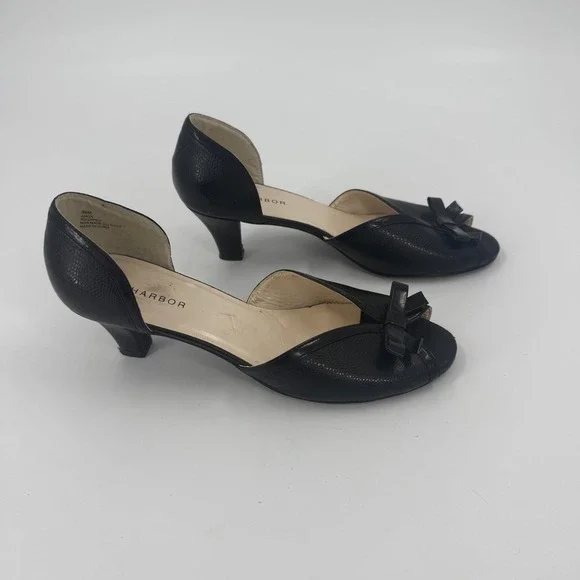 Sag Harbor Anita Heeled Sandals Womens US 9.5M Black Bow Detail Peep Toe Slip On