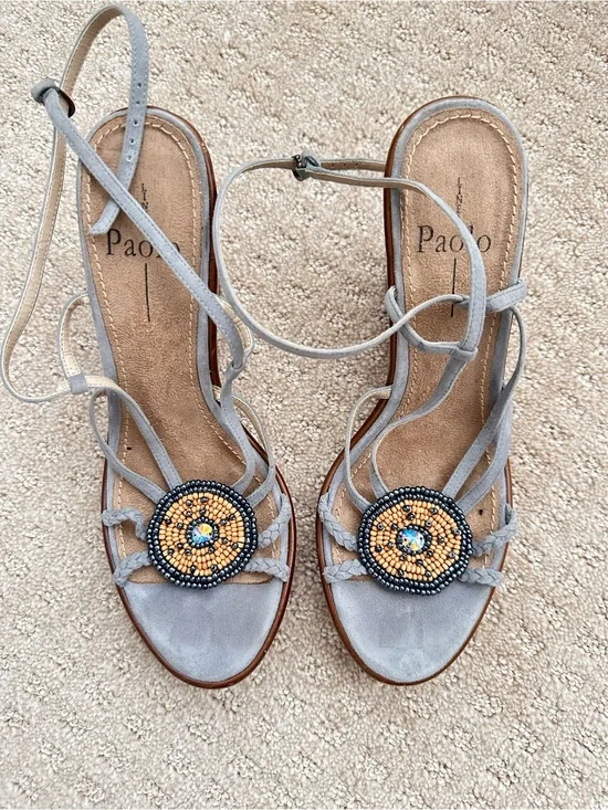 Paolo Light blue Suede Beaded T-Strap Sandals 8.5