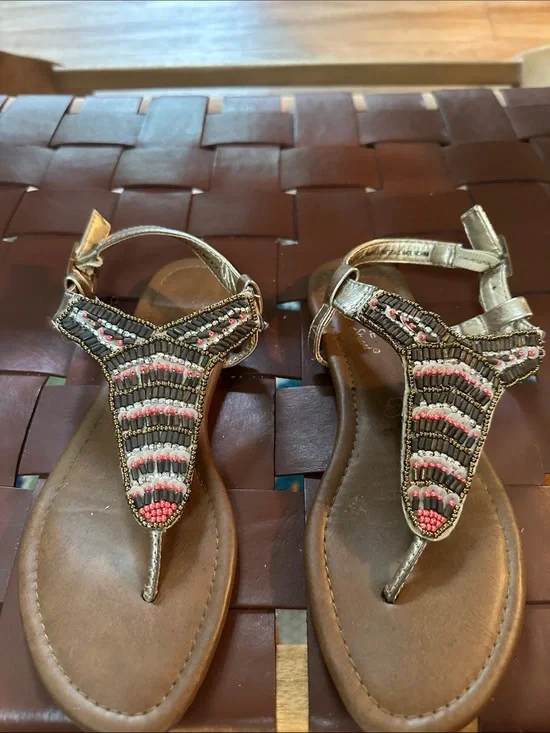 Madeline Stuart Beaded T-Strap Sandals in Brown and Pink