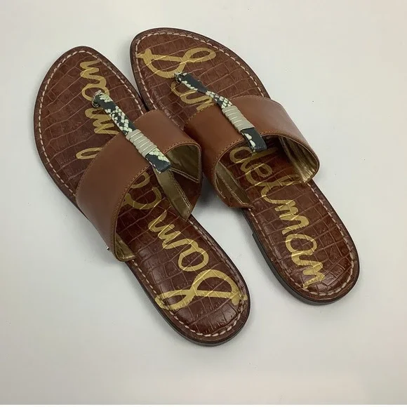 Sam Edelman Kaye Brown Leather Snakeskin Thong Sandals Womens 9.5M Flat Slides