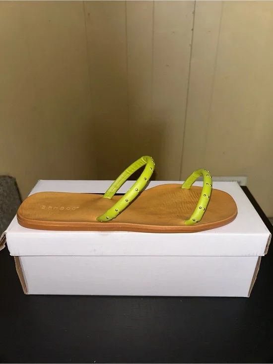 BAMBOO Lime Green Double-Strap Stud Slide Sandal