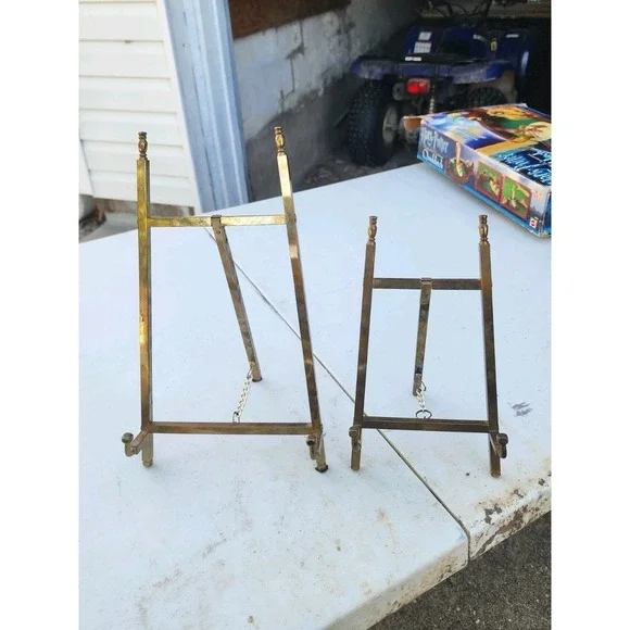 Vintage Set Of 2 Solid Brass Easel Display Stands Large & Medium