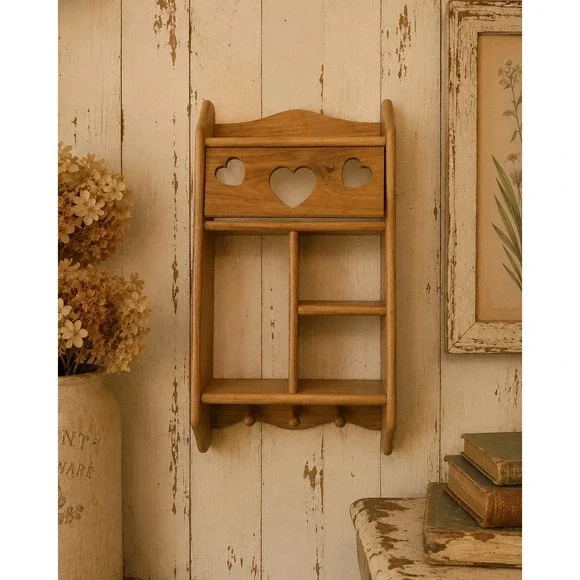 Vintage Wood Heart Cutout Wall Shelf 3 Pegs Country Cottagecore Organizer 17.5in