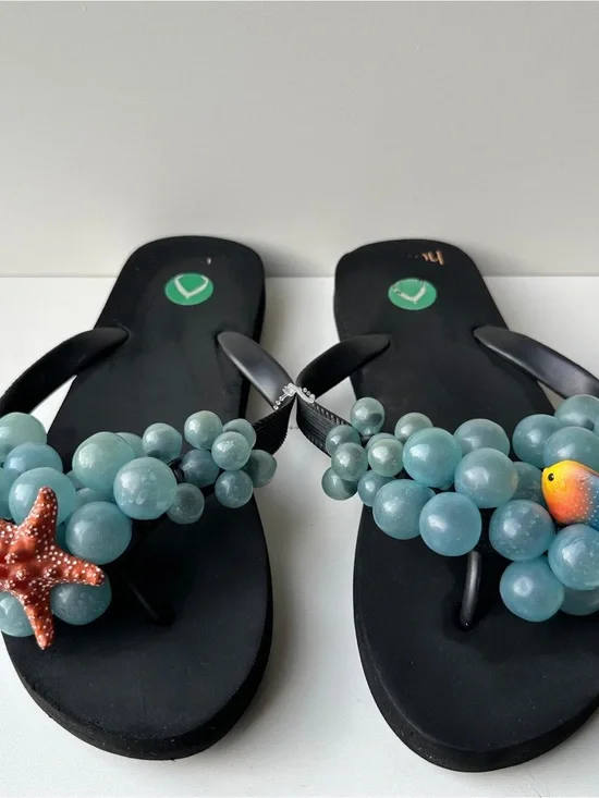 Hotflop Blue Bubble Grapes Flip Flops Starfish Tropical Fish Beach Sandals Sz 11