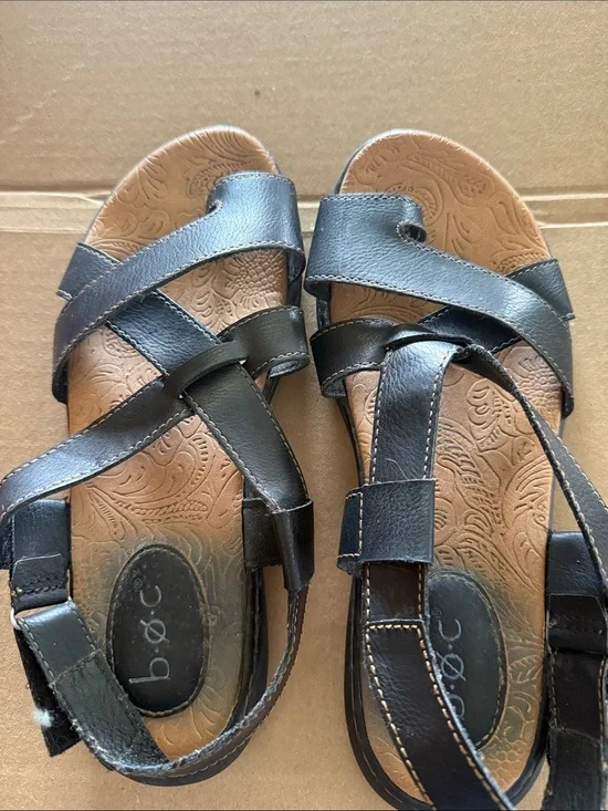 b.o.c. Black Leather Cross-Strap Sandals with Tan Embossed Footbed