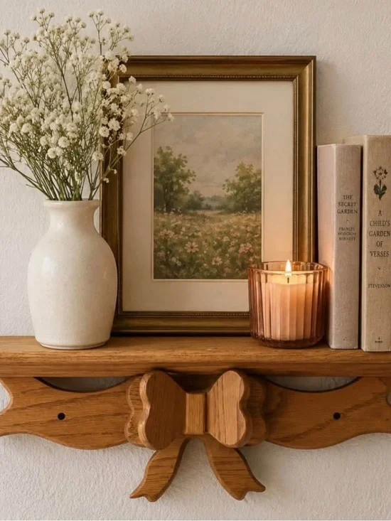 Vintage Solid Oak Wooden Wall Shelf with Decorative Bow