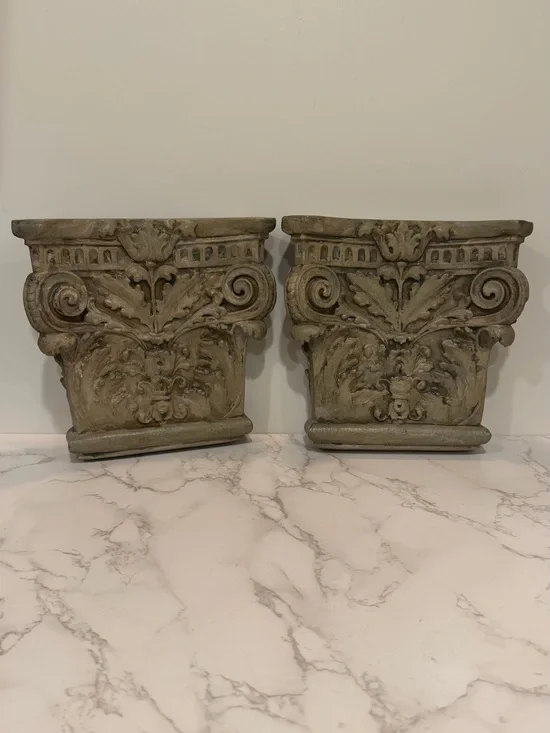 Pair Corinthian Wall Shelves Corbels Faux Stone Architectural Neoclassical Decor