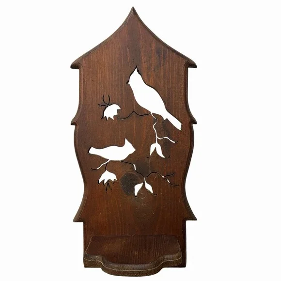 Vintage‎ Carved Wood Scroll Saw Cut-Out Wall Hanging Cardinal Flower Shelf Boho