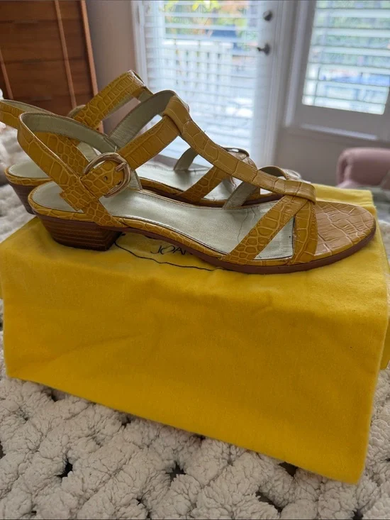Joan & David Mustard Croc-Embossed Strappy Low Heel Sandals