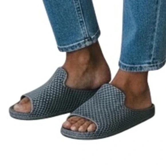 Woven Open Toe Slide Sandals Silver Basketweave Flat Slip On Mules Womens