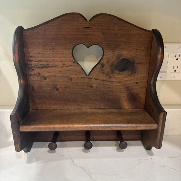 Country Pine Wooden Wall Shelf with Pegs Heart Cutout