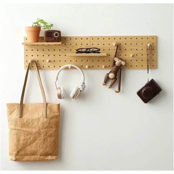 Wooden Pegboard Wall Organizer Set Modular Oak Finish Entryway Storage Shelves
