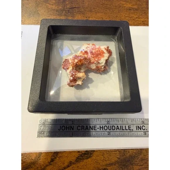 Vanadinite Crystal‎ Mineral Specimen in Floating Frame Display Case Red Orange