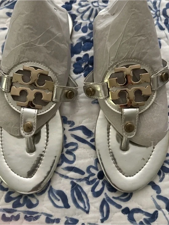 Tory Burch Silver/Gold Logo Miller Sandals Size 7