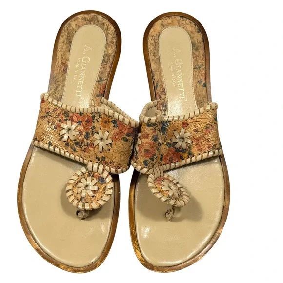 A. Giannetti Cork Floral Sandals Womens 38 Tan Leather Whipstitch Boho Italy 7.5