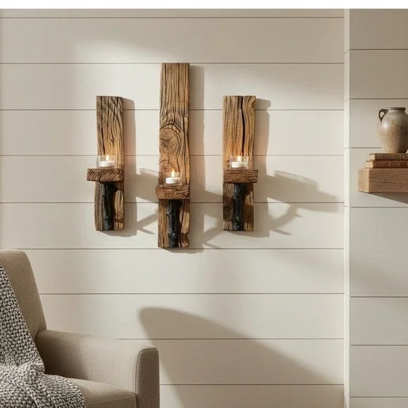 Rustic Reclaimed Wood Wall Sconce Set 3pc Floating Shelf Cast Iron Branch Brown