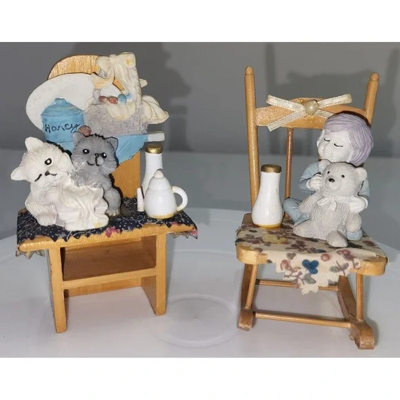 Miniature Wooden Furniture Set 2pc Brown Child Kitten Resin Vintage Shelf Decor