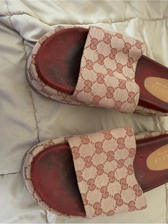 Authentic Gucci Beige & Dusty Pink GG Canvas Slide Sandals