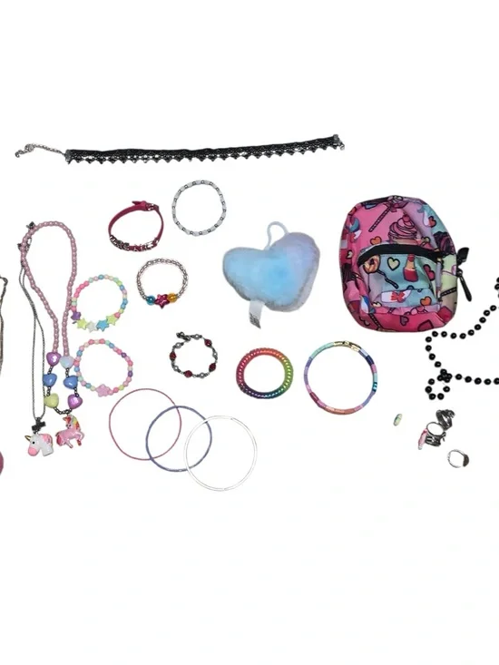 Kids Bundle Of Jewelry Necklaces Rings Backpack Keychain Bracelets