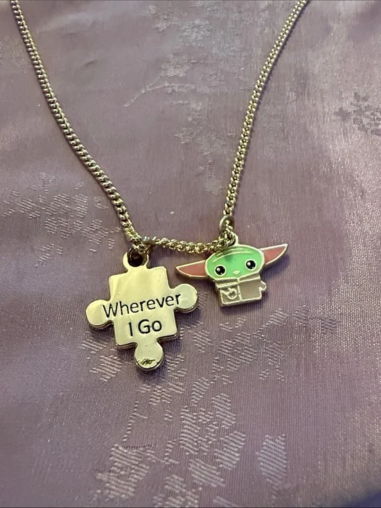 Kids Silver Puzzle Charm Necklace with Green Character Pendant by Disney