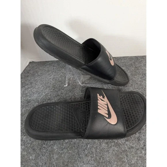 Nike Benassi JDI Black Rose Gold Slides Sandals 343881-007 Womens 9