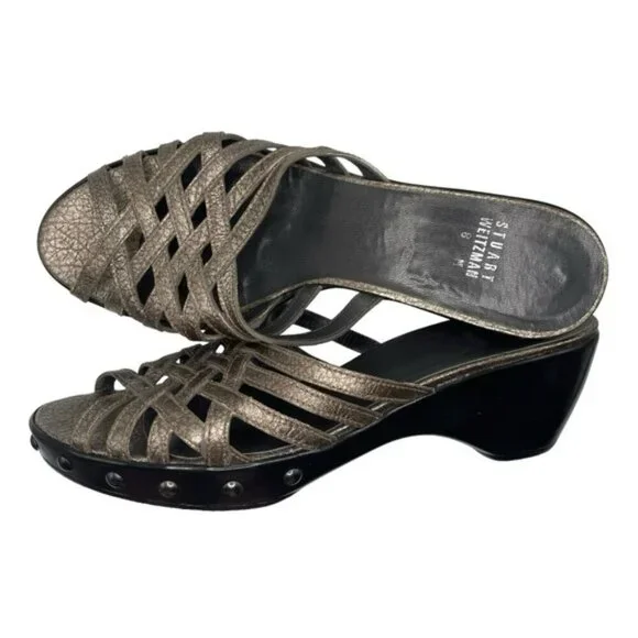 Stuart Weitzman Sandals Women's 8 US Metallic Gold Brown Leather Studded Vintage