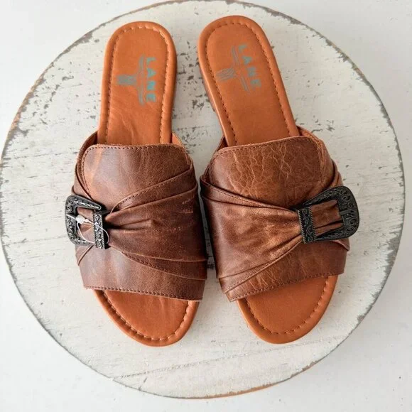 Lane Boots PONY UP Western Sandals Brown Leather Cowgirl Slip on Buckle Flats 10