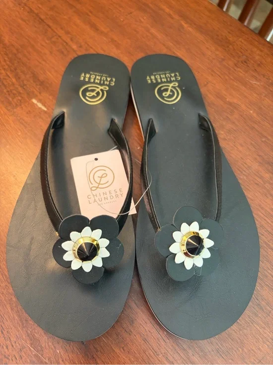 Chinese Laundry Black Floral Toe-Post Sandals with Gold Accent
