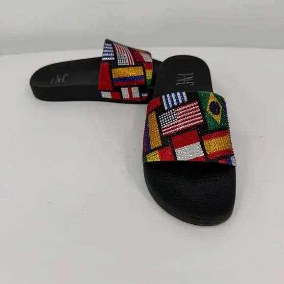 INC International Concepts World Flag Rhinestone Slide Sandals Black Womens 7