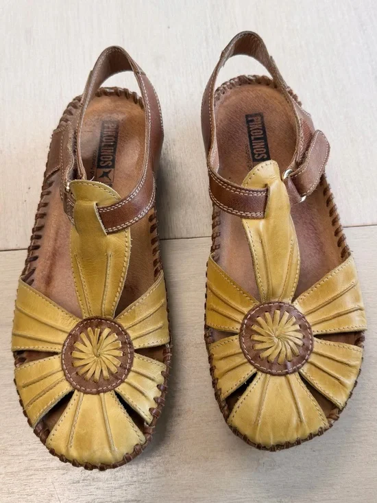 PIKOLINOS Yellow and Brown Leather Floral Cutout Slingback Sandals