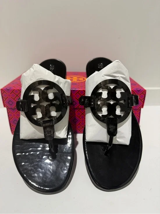 Tory Burch Black Patent Miller Logo Thong Sandals