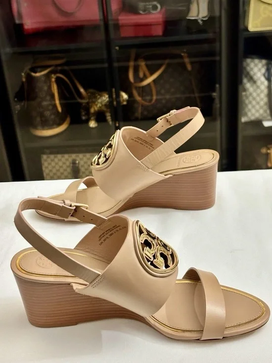 Tory Burch Sandal Metal Miller Wedge Tan Size 9.5