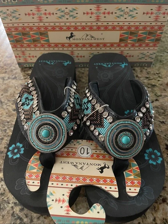 Montana West Black & Turquoise Beaded Western Thong Sandals