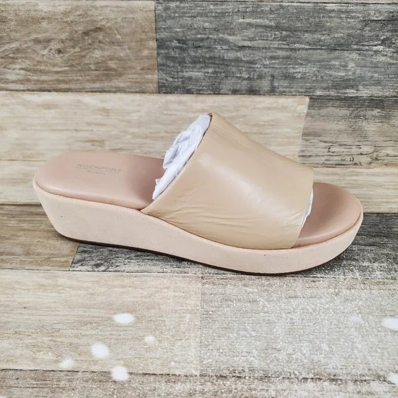 Rockport Aubriella Womens Sandals Sz‎ 10 M Neutral Beige Leather Slip On Slide
