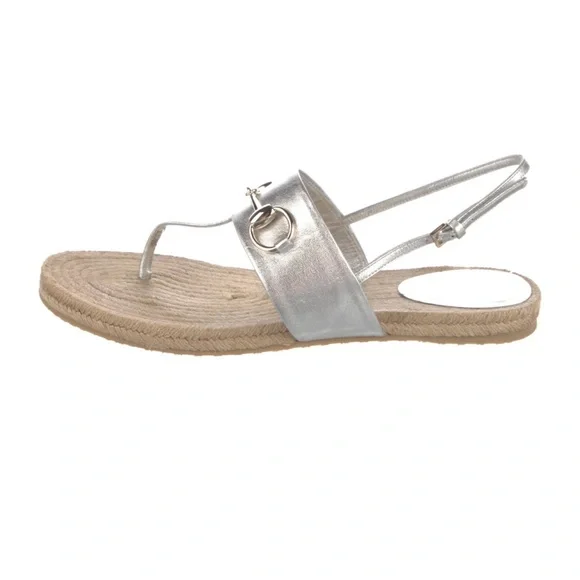 Gucci Horsebit T-Strap Espadrilles Leather Gold Straw Sandals Shoes 41/ 11