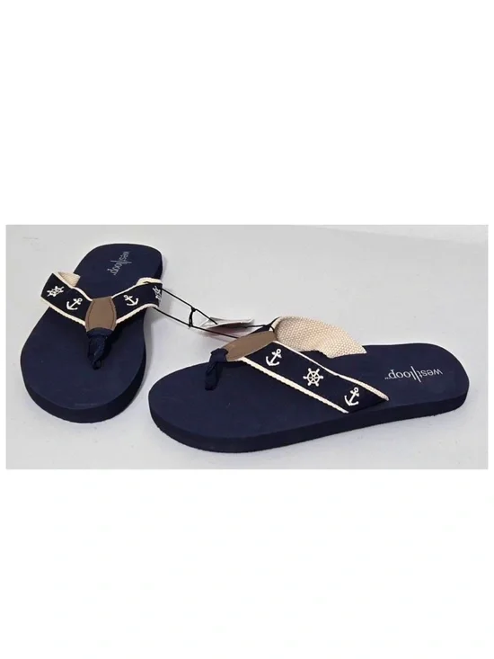New West Loop Flip Flops Womens Small 5 6 Blue Tan Nautical Sandals Shoes NWT