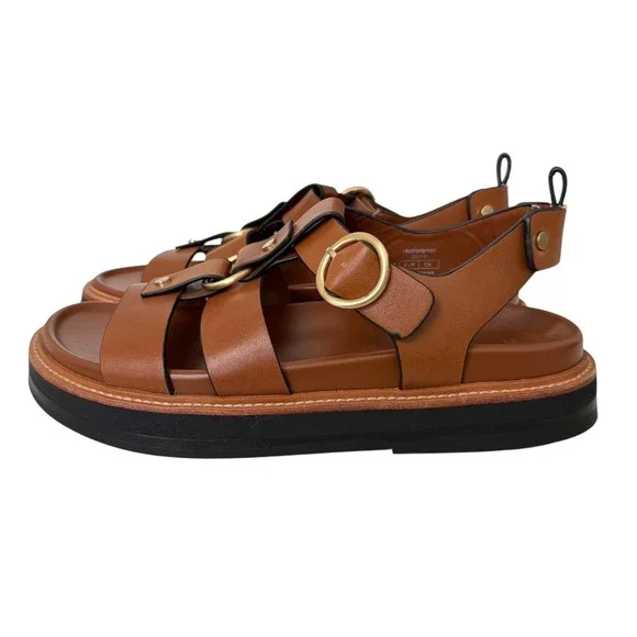 Zara Womens Brown Leather Platform Strappy Gladiator Sandals Gold Buckle Size 41