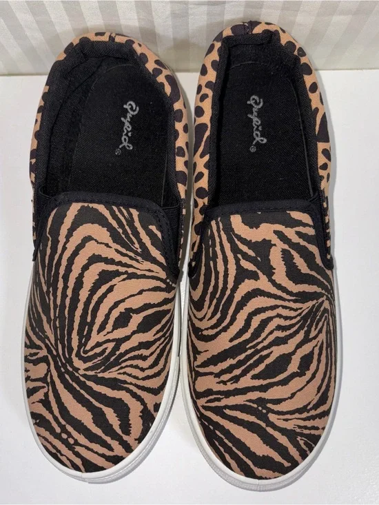Qupid Tan & Black Tiger Print Slip-On Sneakers