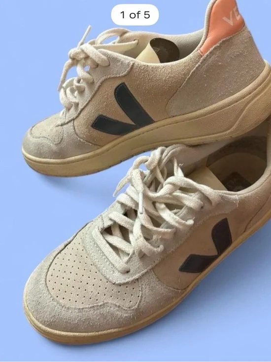 Veja Taupe Suede Sneakers with Blue V and Coral Heel