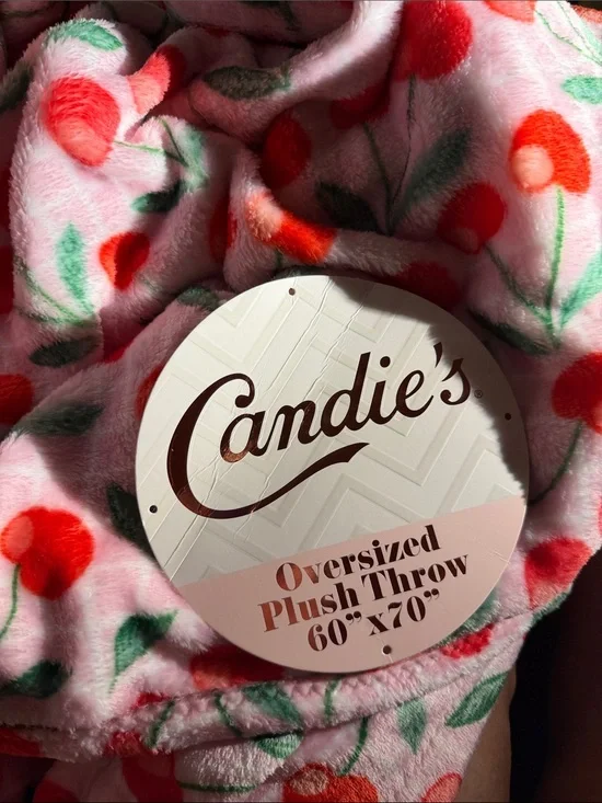 Candie's Pink Plush Throw with Red Cherry Pattern