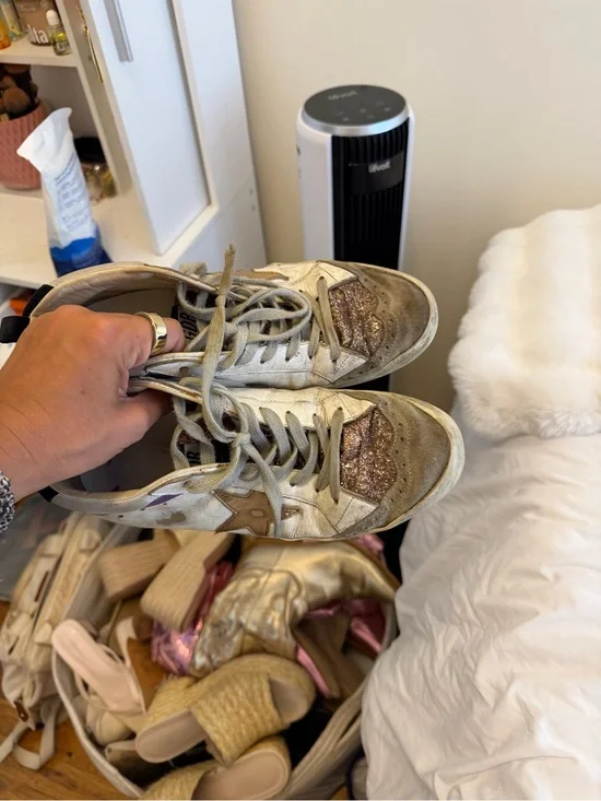 Golden Goose White and Pink Glitter Superstar Sneakers