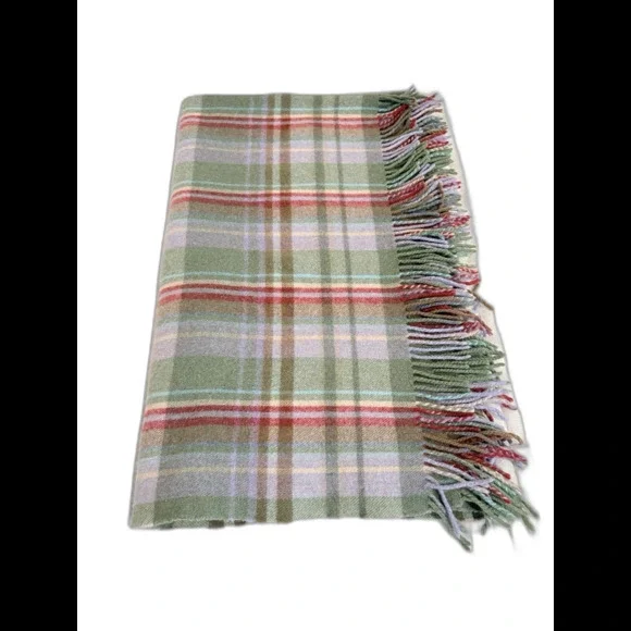 Ireland 100% Wool Blanket John Hanly & Co Plaid Purple Green Fringe Trim 50x62