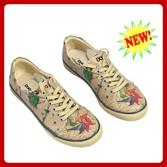 DOGO‎ Pinwheel Graphic Sneakers US 7.5 EU 38 Beige Multi Vegan Leather New