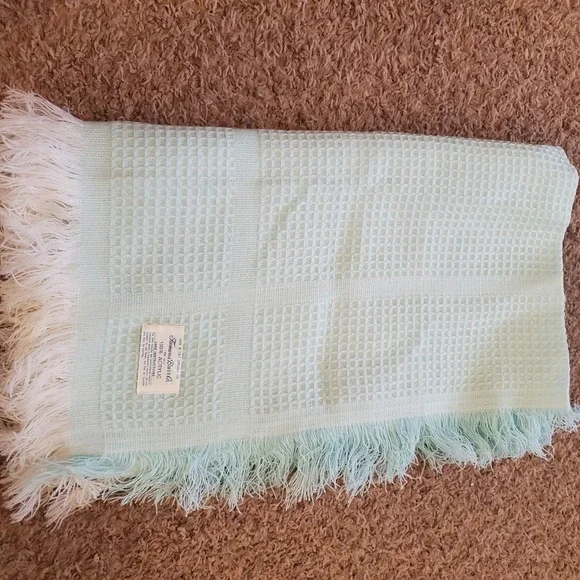 Vintage Famous-Barr Co Italy Baby Blanket Waffle Weave Fringe Blue Cream Acrylic