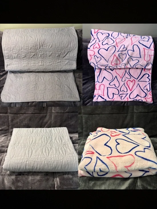 Gray Quilt and Pink Heart Plush Throw Set - Home Bedding