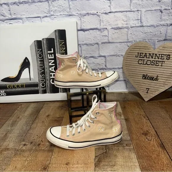 Converse I Love You High Top Sneakers Flower Embroidered Daisies Shoes Size 8.5
